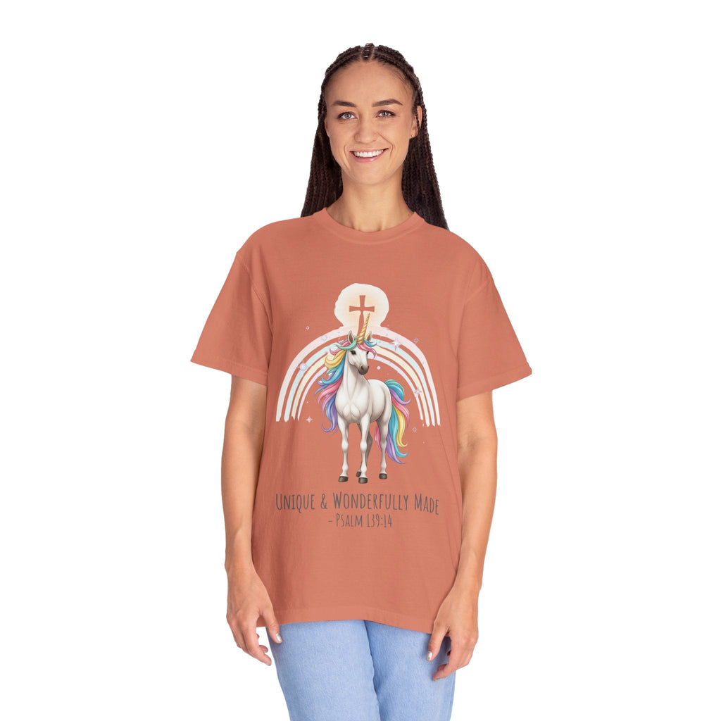 Unique Unicorn Christian T-Shirt – Wonderfully Made with Rainbow Cross & Psalm 139:14 Printify