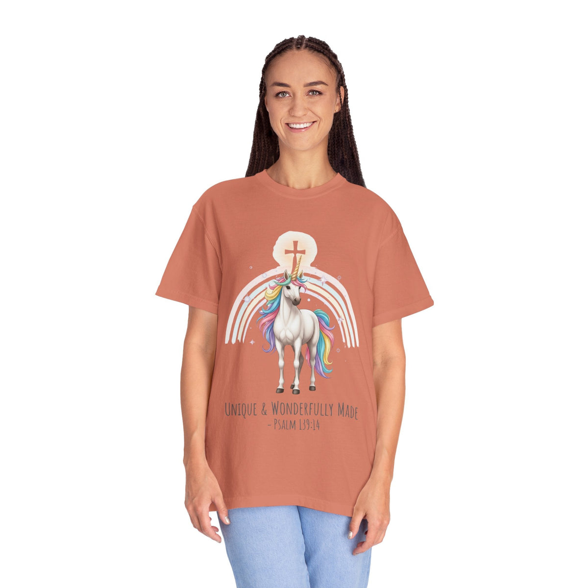 Unique Unicorn Christian T-Shirt – Wonderfully Made with Rainbow Cross & Psalm 139:14 Printify
