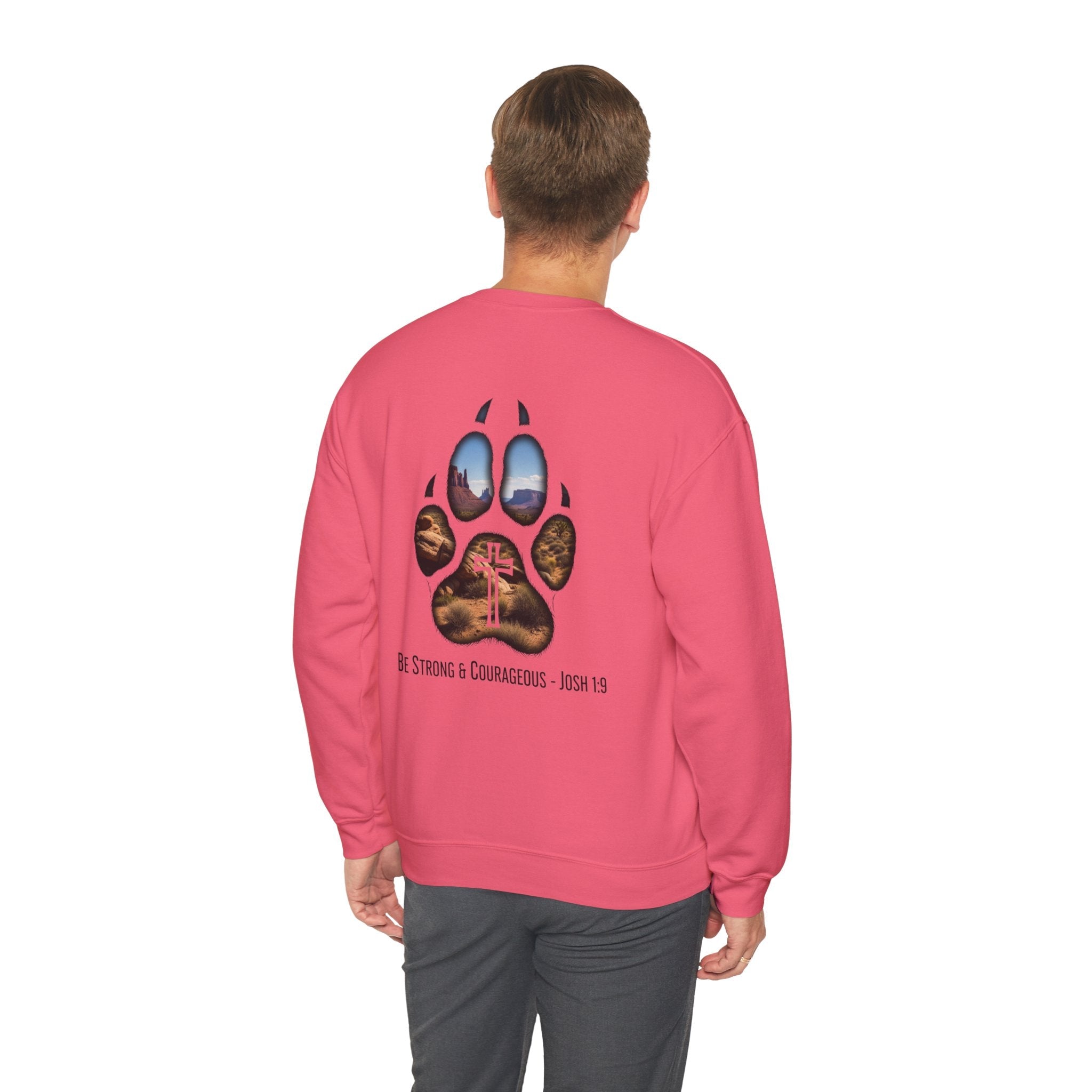 Strong and Courageous Sweatshirt – Joshua 1:9 Canine Pawprint Desert Christian Sweatshirt for Dog Lovers Printify