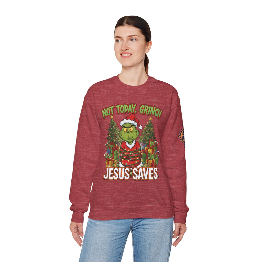 🎄 Not Today, Grinch – Jesus Saves | Funny Christian Christmas Sweatshirt | Sulking Grinch & Glowing Cross | Bold Neon Faith Tee by Uplifted Gear Printify