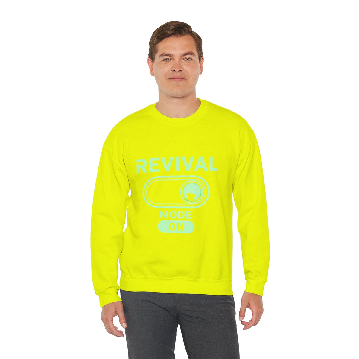 🔥 Revival Mode: ON – Christian Techwear Sweatshirt | Glowing Green Faith Switch | Futuristic Jesus Shirt | Activate Your Spiritual Awakening | Uplifted Gear Printify