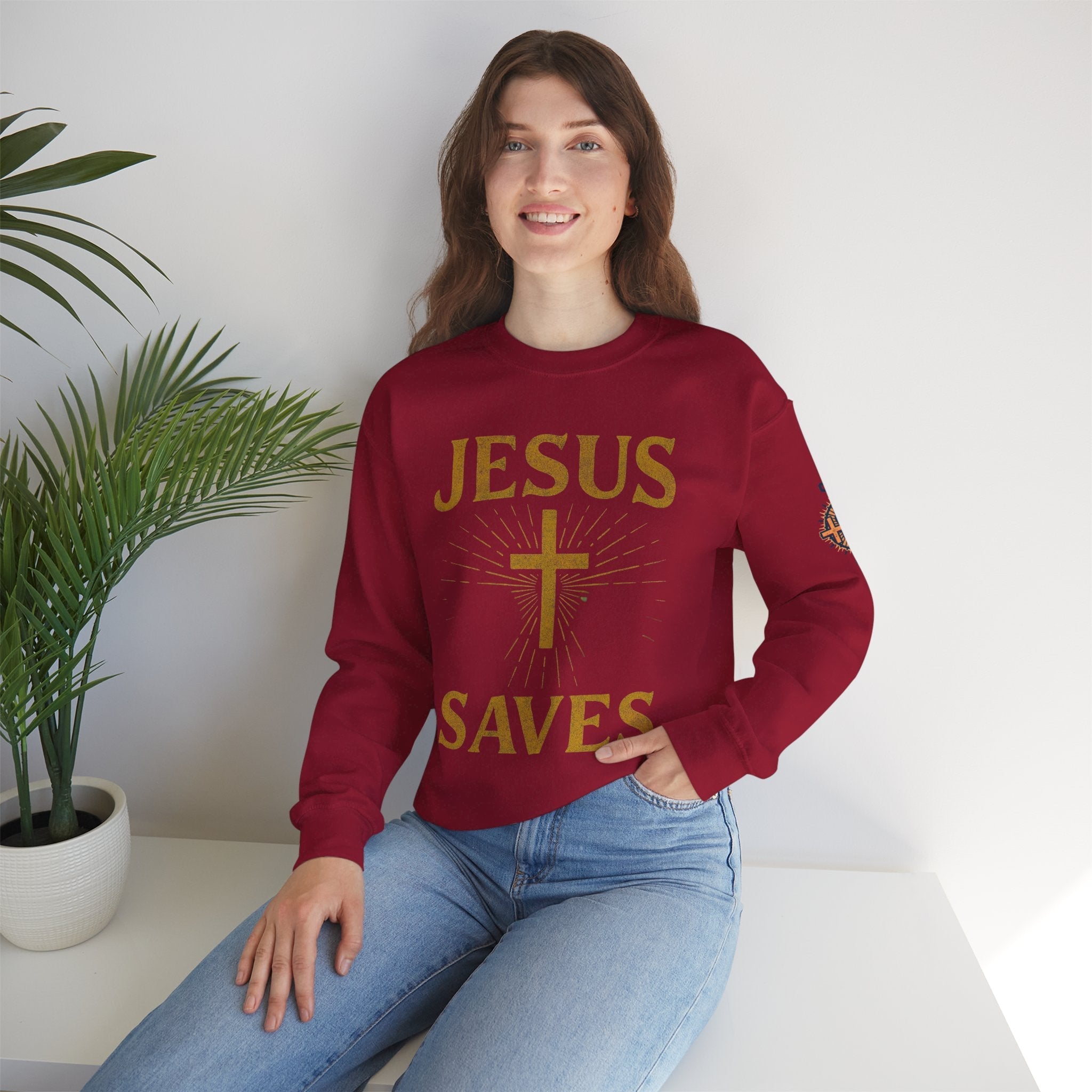 Jesus Saves Sweatshirt – Radiant Cross & Rays of Light Christian Sweatshirt for Eternal Hope & Faith Printify