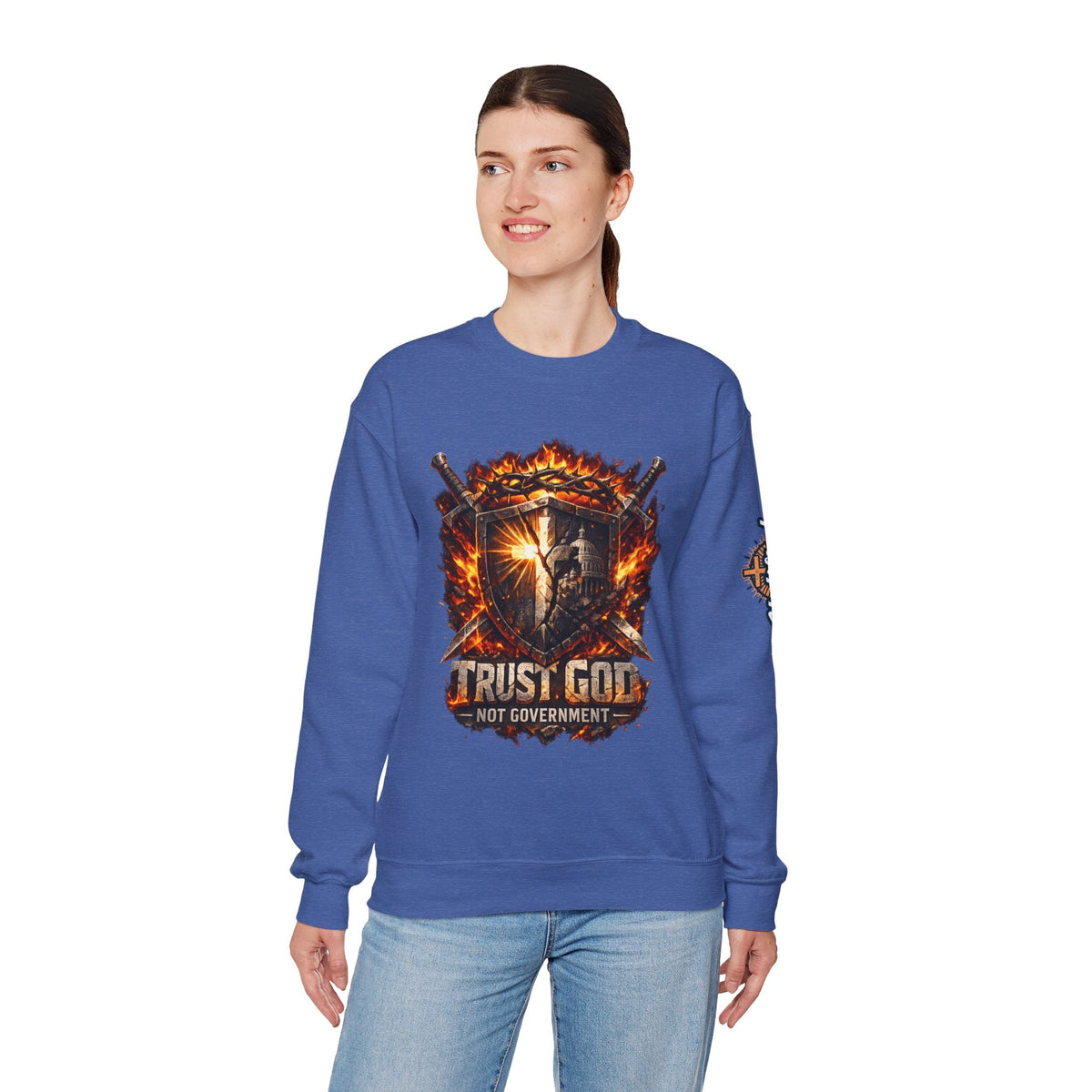 Trust God Not Government Shield Sweatshirt — Patriotic Christian Faith Sweatshirt Printify