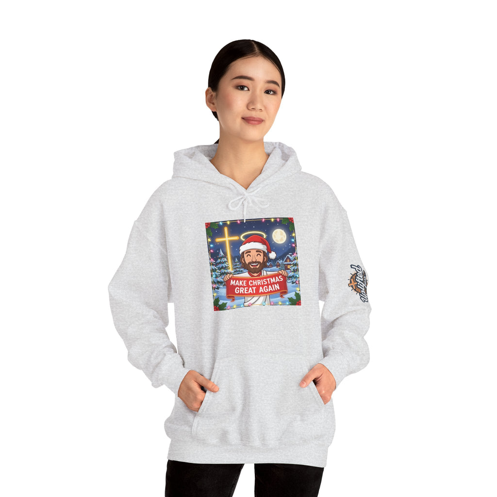 🎄 Make Christmas Great Again – Funny Christian Hoodie | Jesus Holding Banner | Faith-Based Holiday Parody Tee | Uplifted Gear Printify