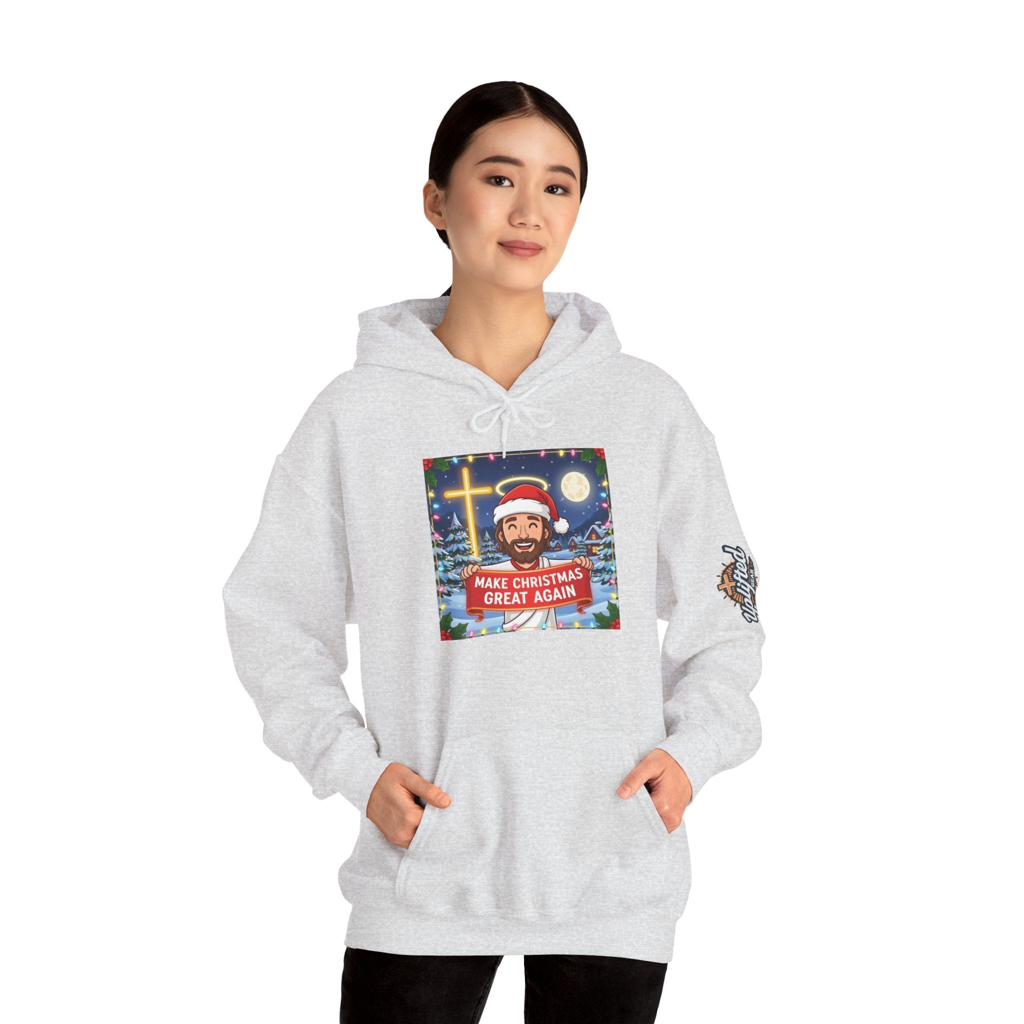 🎄 Make Christmas Great Again – Funny Christian Hoodie | Jesus Holding Banner | Faith-Based Holiday Parody Tee | Uplifted Gear Printify