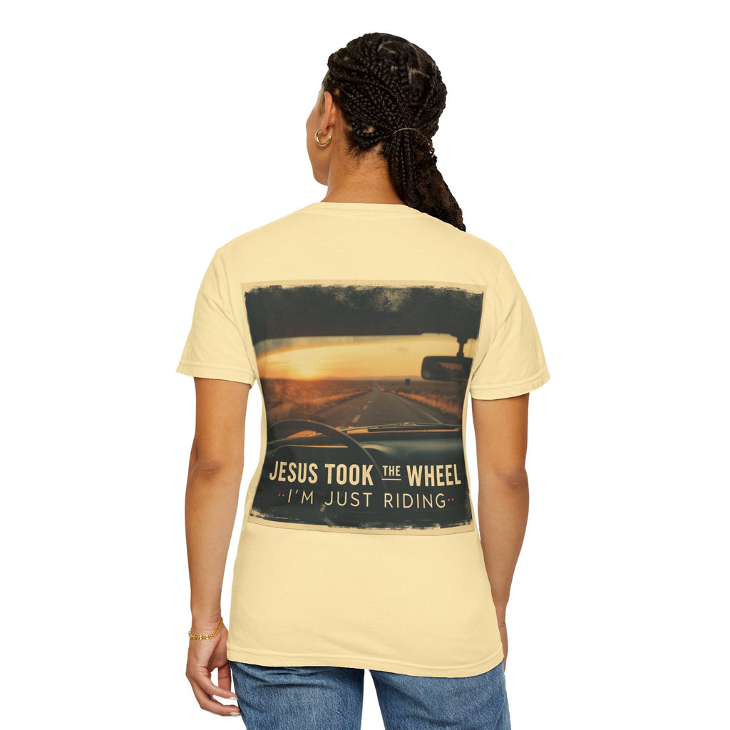 Jesus Took the Wheel I'm Just Riding T-shirt – Funny Christian Convertible Car T-shirt for Surrendered Faith & Humor Printify