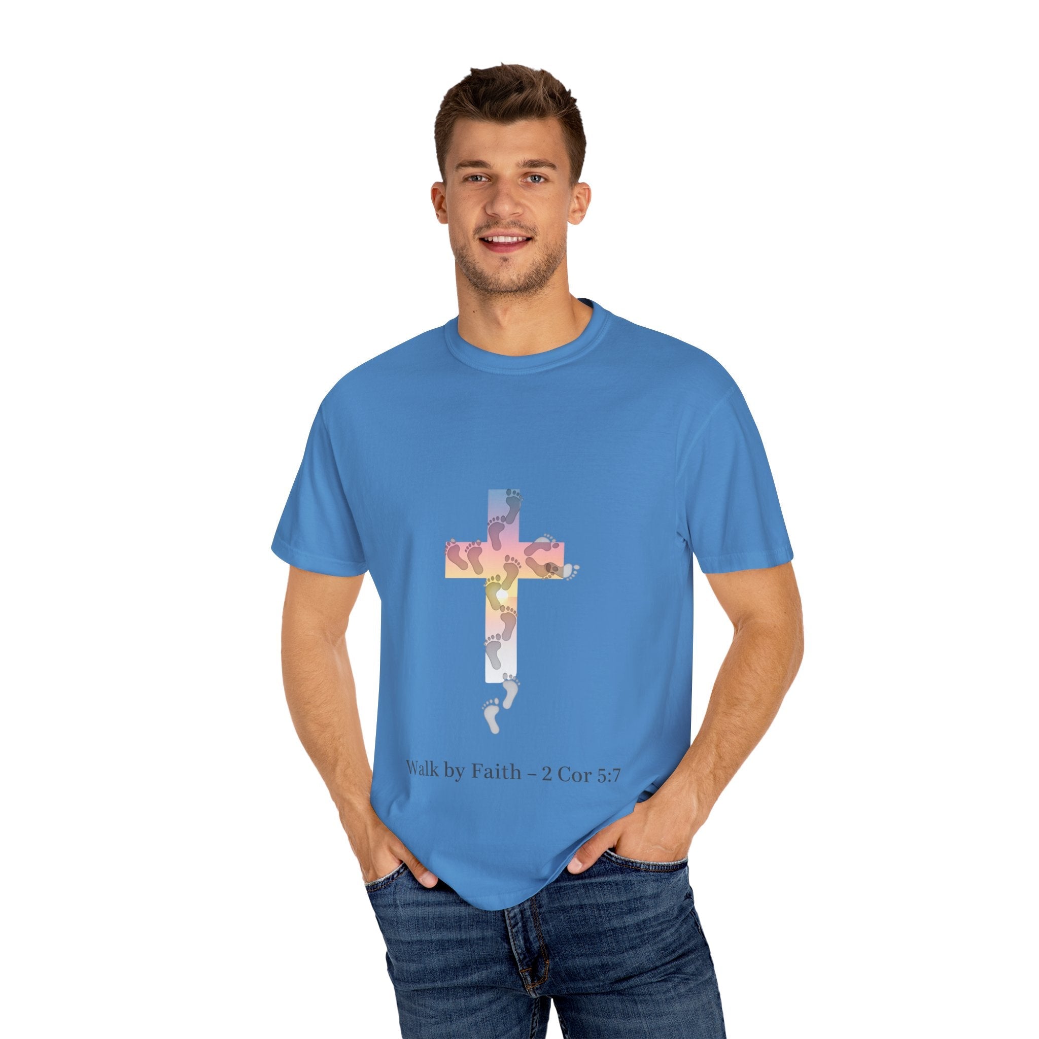 Walk by Faith T-Shirt – Cross & Footprints Christian Tee for Bold Believers Printify
