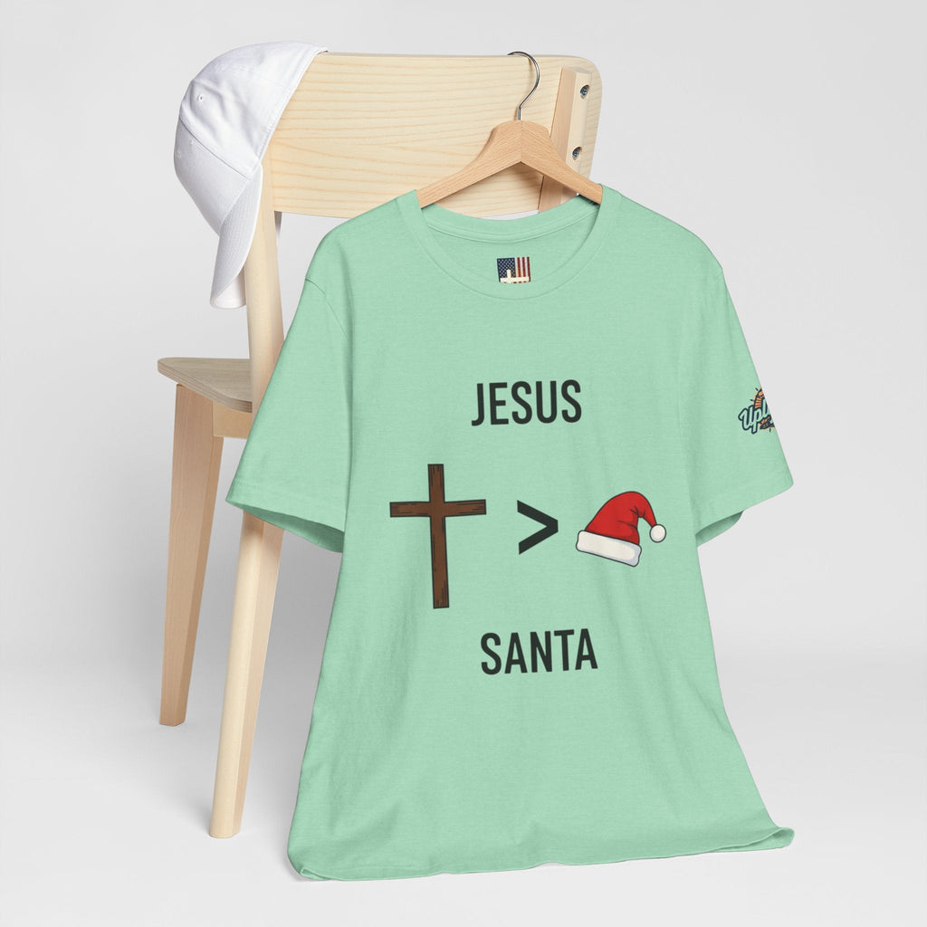 🎄 Jesus > Santa – Minimalist Christian Christmas T-Shirt | Bold Faith Over Holiday Tee | Cross vs Santa Hat Design | Uplifted Gear Printify