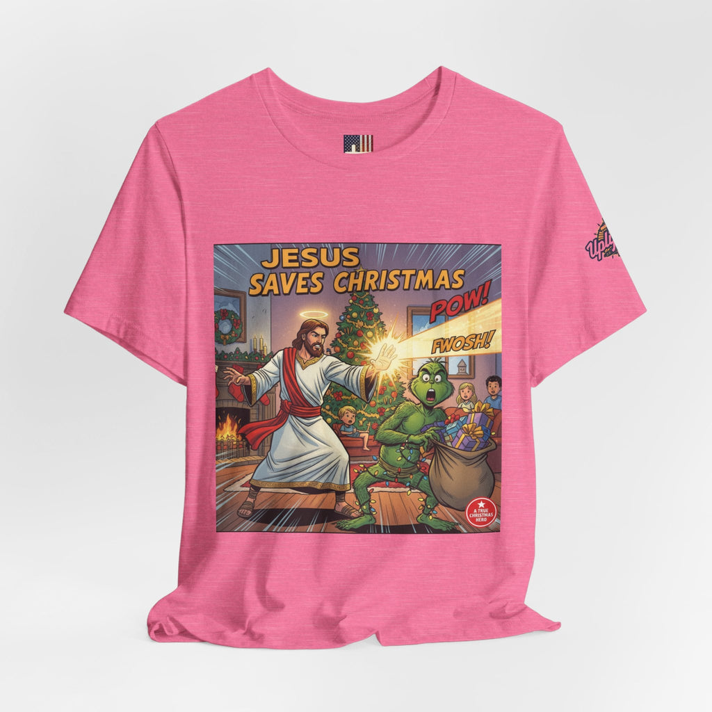 Jesus Saves Christmas T-shirt – Grinch vs Savior Light Battle Christian T-shirt for Hilarious Holiday Faith & True Joy Printify