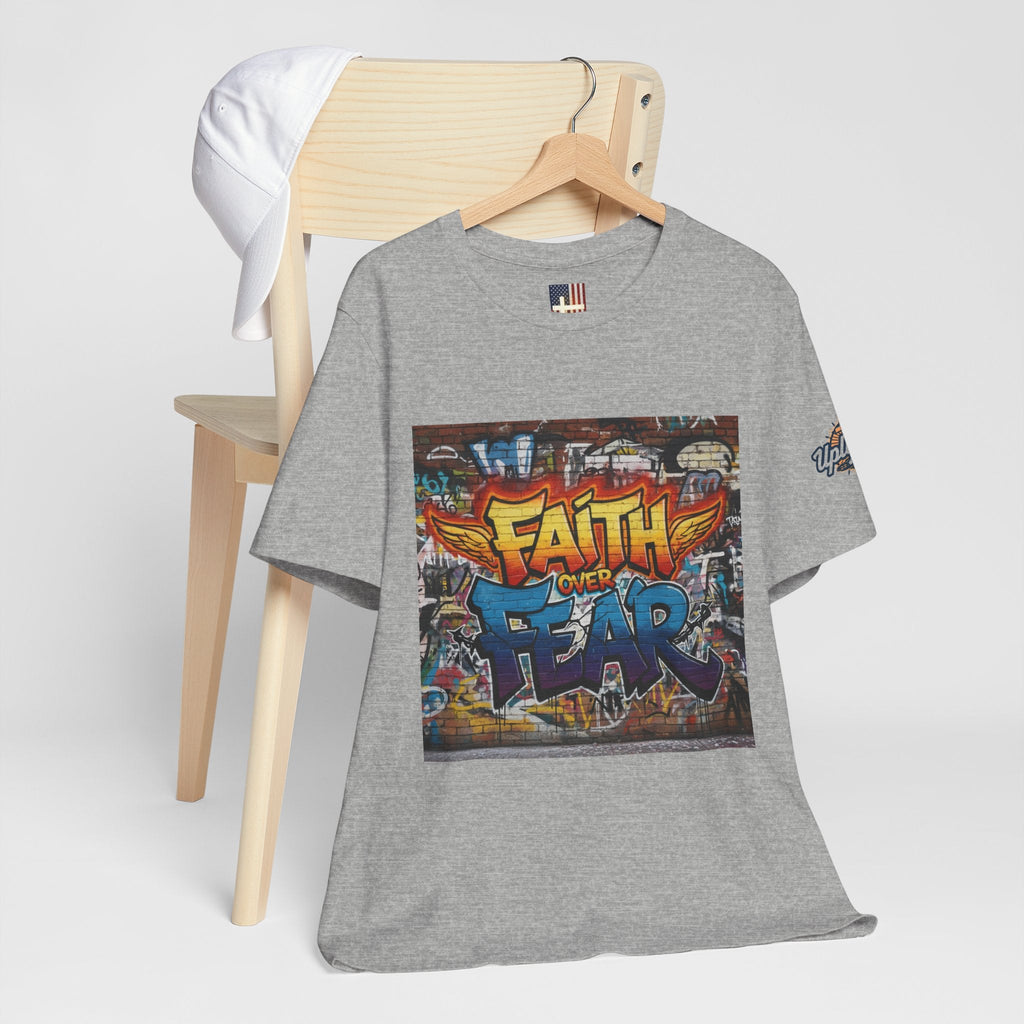 Faith Over Fear T-shirt – Graffiti Wall Christian T-shirt for Bold 2 Corinthians 5:7 Streetwear & Unshakable Faith Printify