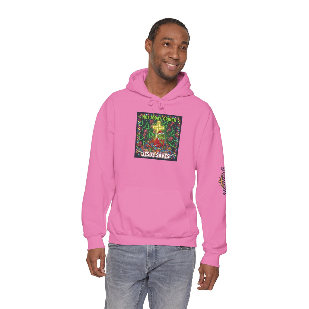 🎄 Not Today, Grinch – Jesus Saves | Funny Christian Christmas Hoodie | Festive Green & Red Cartoon Style | Bold Faith Holiday Tee by Uplifted Gear Printify