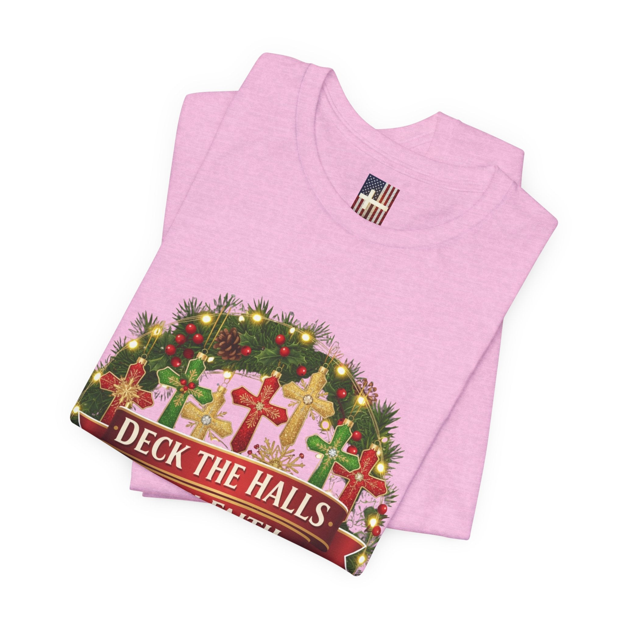 🎄 Deck the Halls with Faith – Christian Christmas T-Shirt | Cross Ornament Design & Festive Garland | Bold Holiday Faith Tee by Uplifted Gear Printify