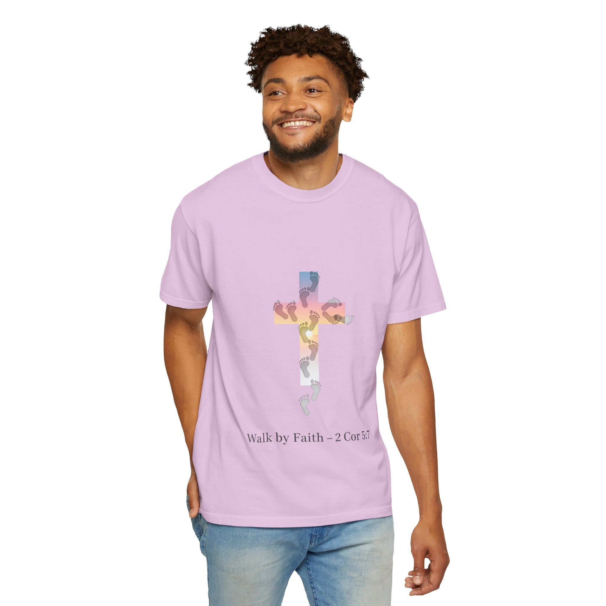 Walk by Faith T-Shirt – Cross & Footprints Christian Tee for Bold Believers Printify