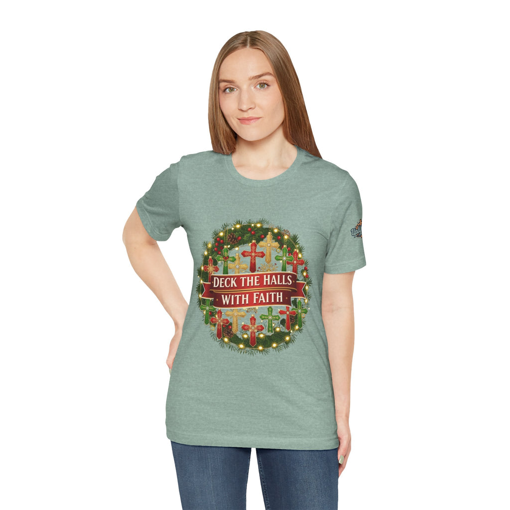 🎄 Deck the Halls with Faith – Christian Christmas T-Shirt | Cross Ornament Design & Festive Garland | Bold Holiday Faith Tee by Uplifted Gear Printify