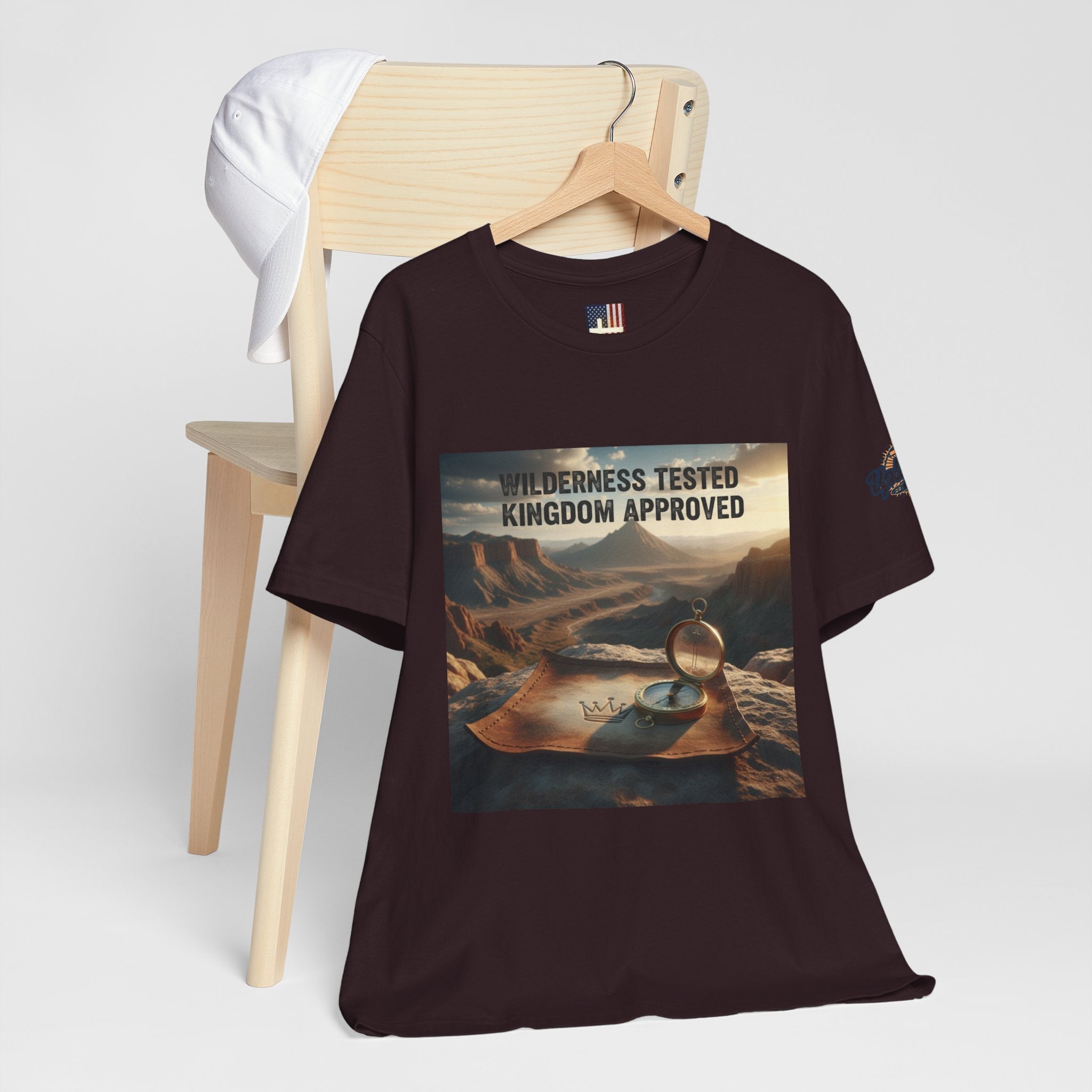 Wilderness Tested Kingdom Approved T-shirt – Mountain Desert Compass Crown Christian T-shirt for Biblical Adventure Faith Printify