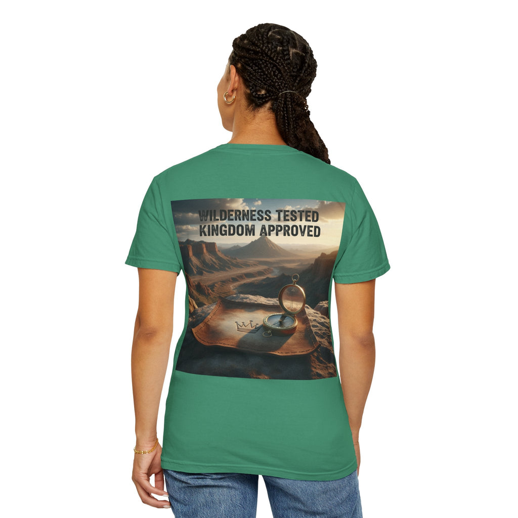 Wilderness Tested Kingdom Approved T-shirt – Mountain Desert Compass Crown Christian T-shirt for Biblical Adventure Faith Printify