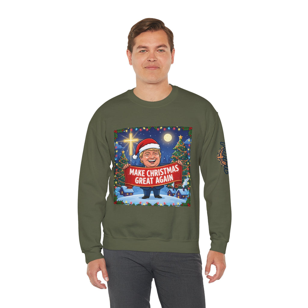 🎄 Make Christmas Great Again – Patriotic Christian Christmas Sweatshirt | Bold Holiday Faith Tee | Red & White Banner Design | Uplifted Gear Printify