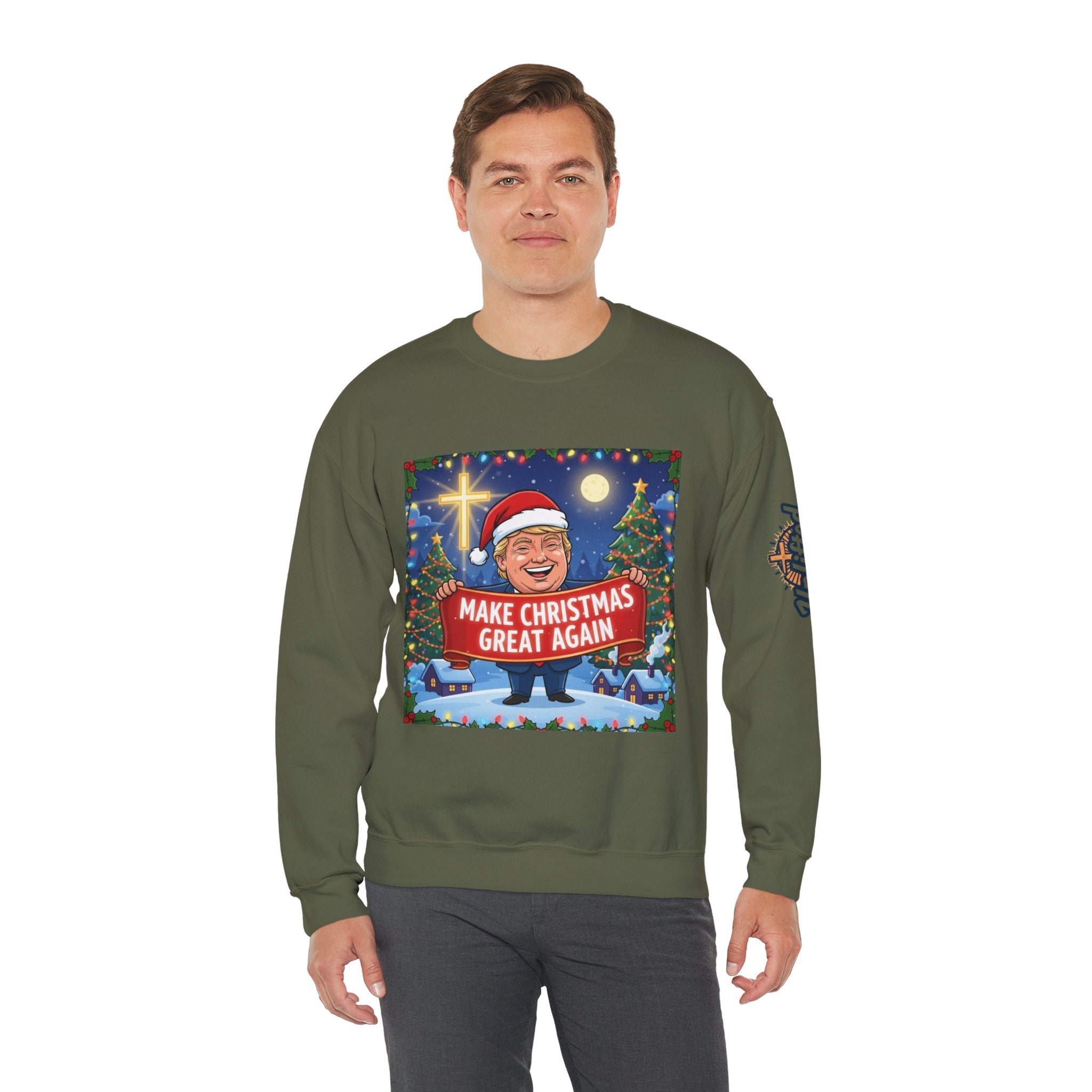🎄 Make Christmas Great Again – Patriotic Christian Christmas Sweatshirt | Bold Holiday Faith Tee | Red & White Banner Design | Uplifted Gear Printify