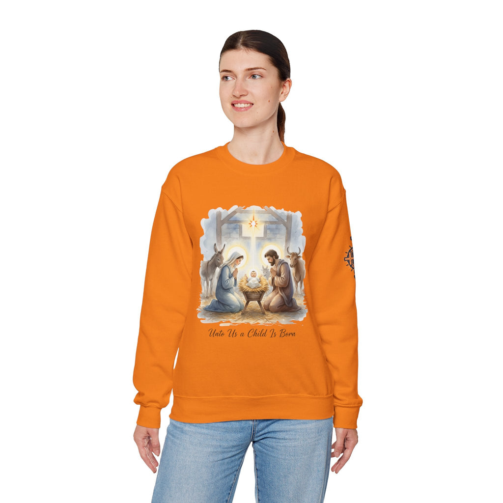 Unto Us a Child is Born Sweatshirt – Isaiah 9:6 Nativity Manger Scene Christian Christmas Sweatshirt for Holy Night Faith Printify