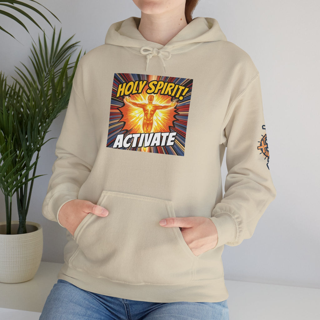 Holy Spirit Activate Hoodie – Superhero Christian Sweatshirt with Vibrant Power-Up Design for Faith-Fueled Boldness Printify