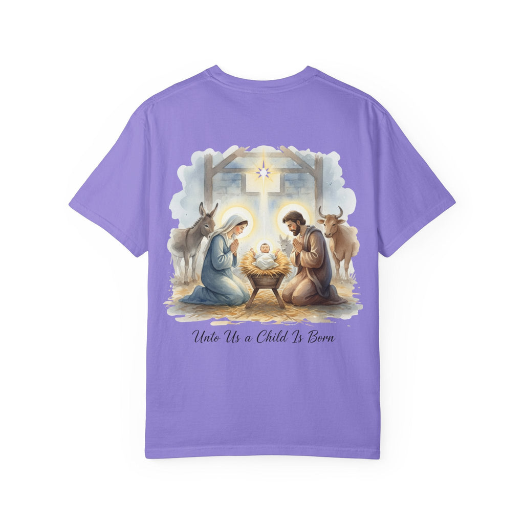 Unto Us a Child is Born T-shirt – Isaiah 9:6 Nativity Manger Scene Christian Christmas T-shirt for Holy Night Faith Printify