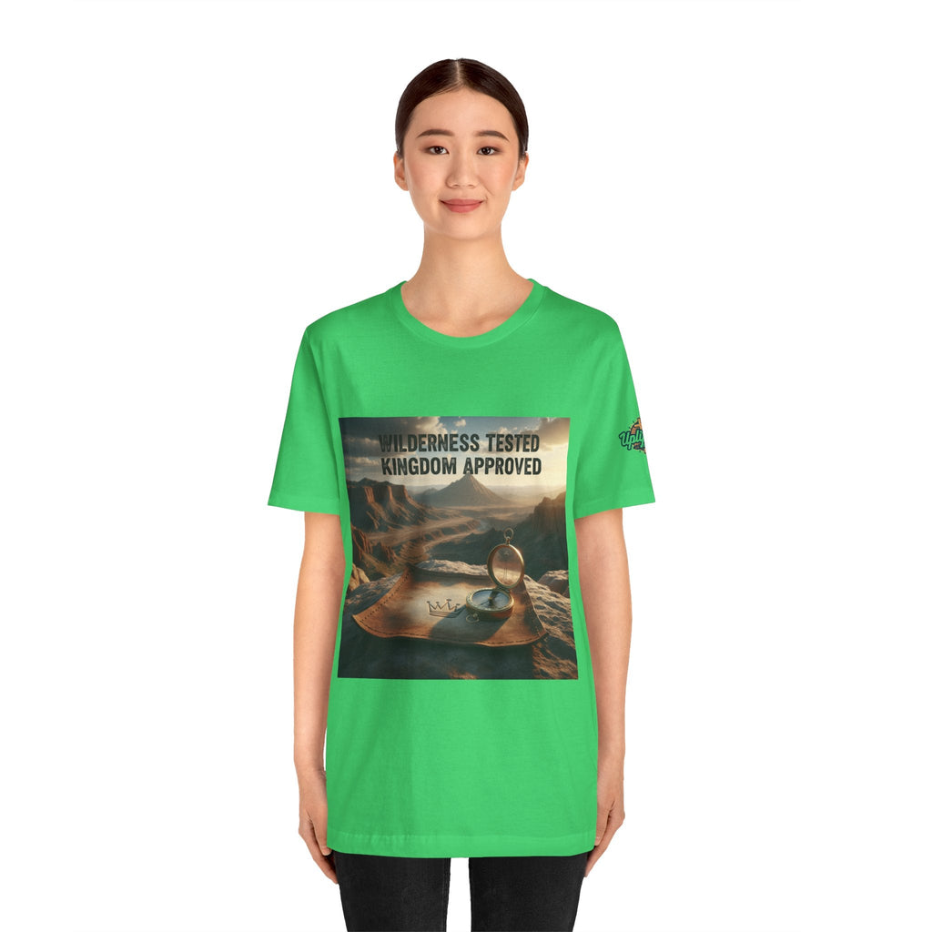 Wilderness Tested Kingdom Approved T-shirt – Mountain Desert Compass Crown Christian T-shirt for Biblical Adventure Faith Printify