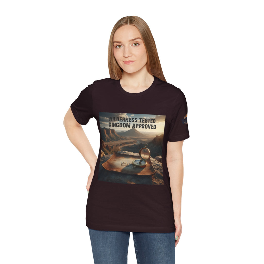Wilderness Tested Kingdom Approved T-shirt – Mountain Desert Compass Crown Christian T-shirt for Biblical Adventure Faith Printify