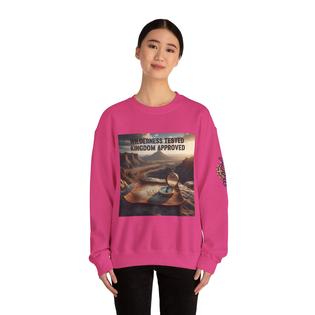 Wilderness Tested Kingdom Approved Sweatshirt – Mountain Desert Compass Crown Christian Sweatshirt for Biblical Adventure Faith Printify