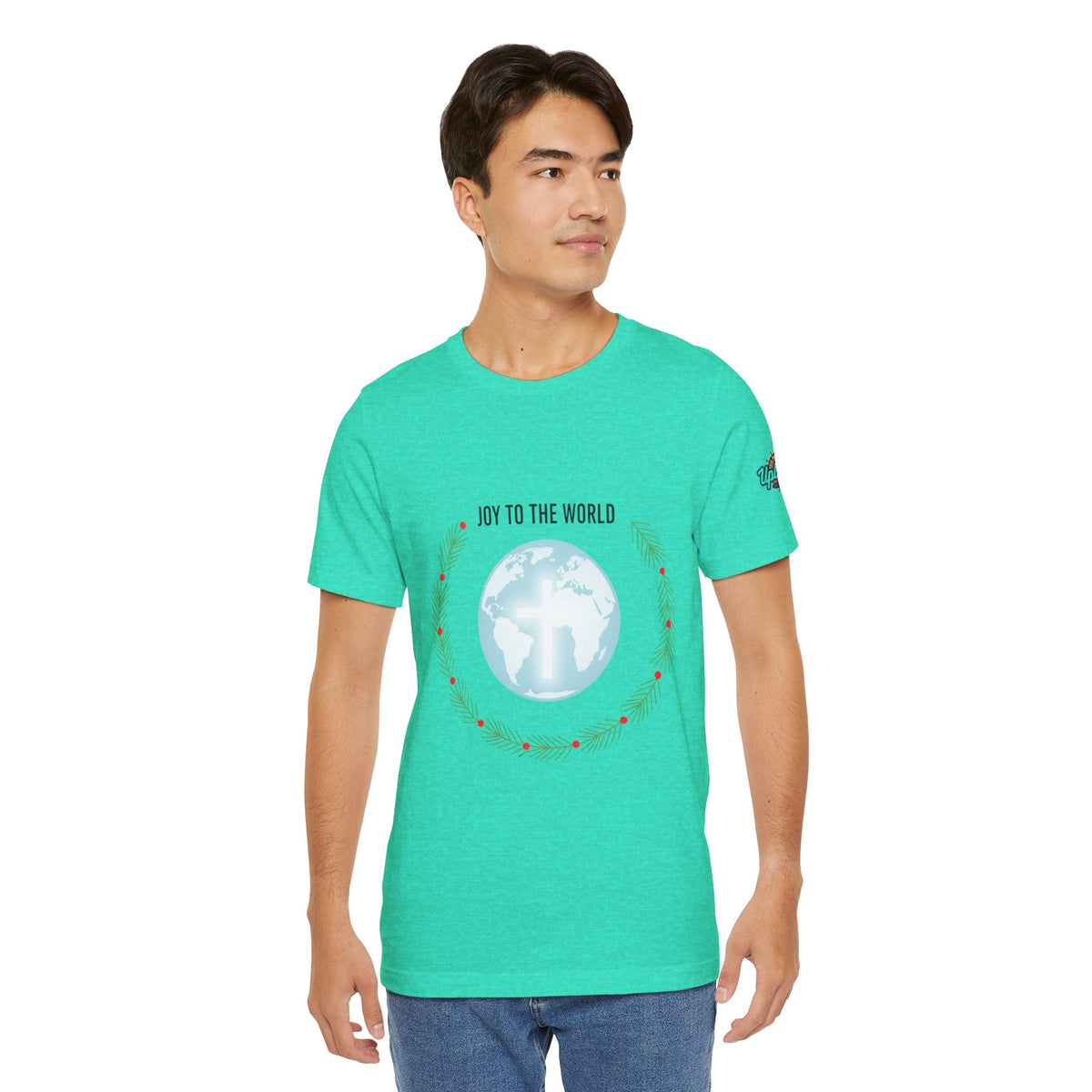 Joy to the World T-shirt – Wreath Earth Nativity Christian Christmas T-shirt for Isaiah 9:6 Holiday Faith & Festive Joy Printify