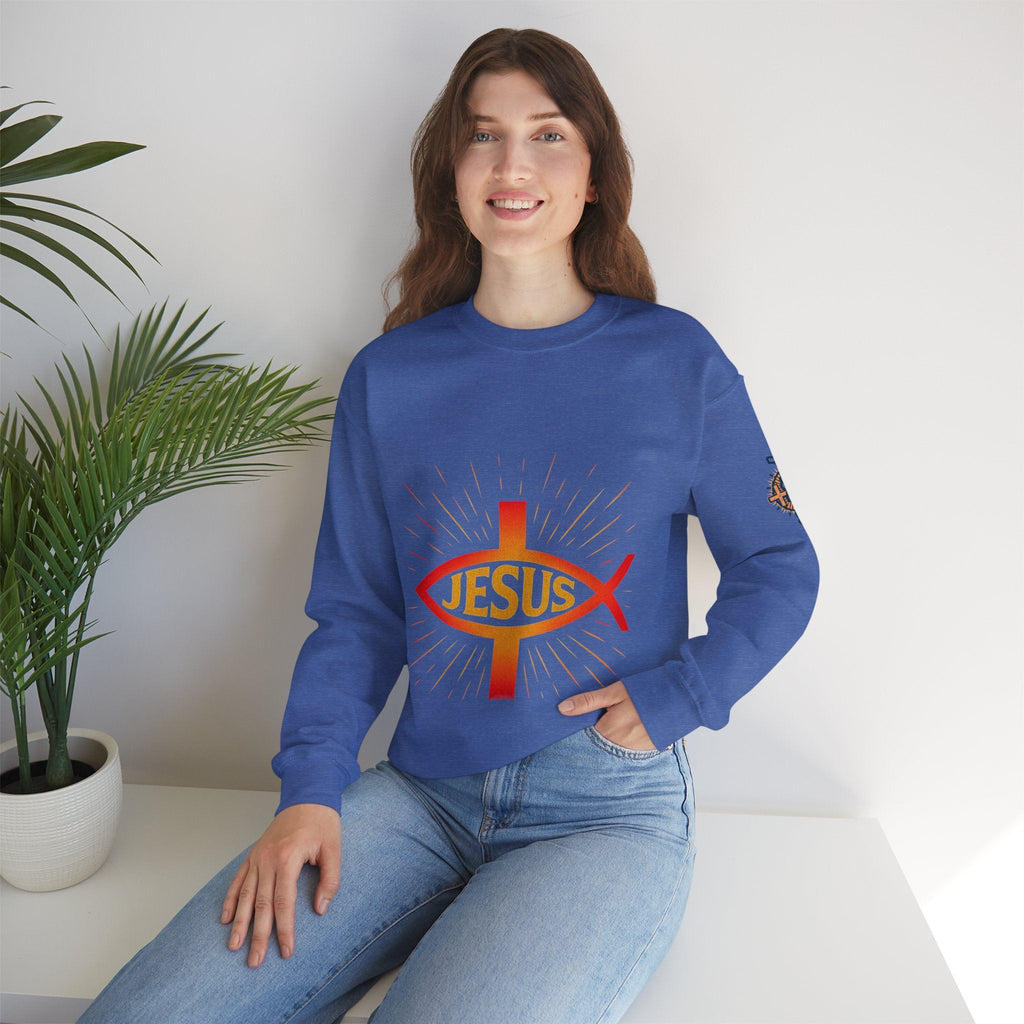 Jesus Ichthys Sweatshirt – Christian Fish Symbol with Cross & Jesus Inscription Sweatshirt for Eternal Faith & Streetwear Printify