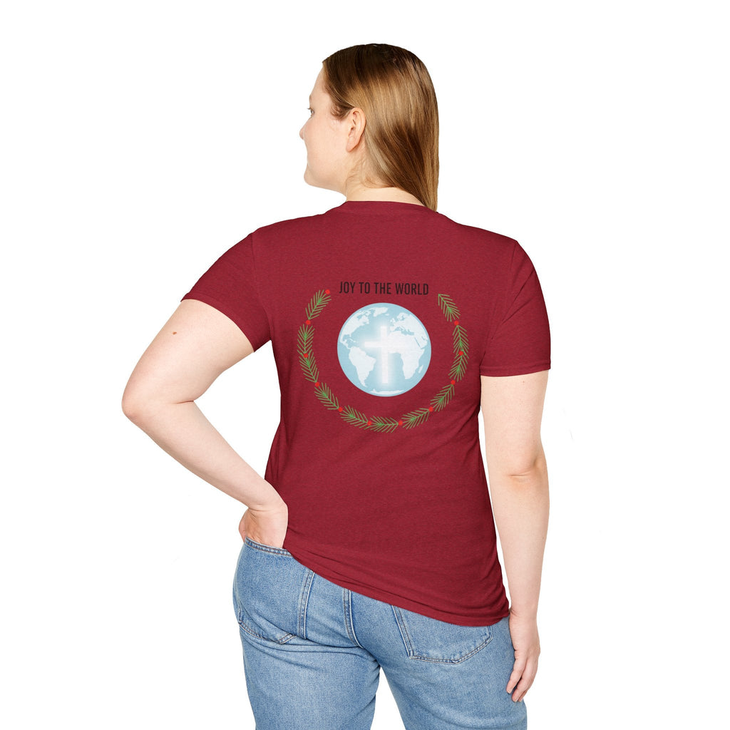 Joy to the World T-shirt – Wreath Earth Nativity Christian Christmas T-shirt for Isaiah 9:6 Holiday Faith & Festive Joy Printify