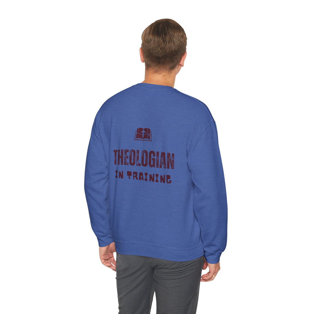 Theologian in Training Sweatshirt – Open Bible & Cross Christian Sweatshirt for Faithful Growth Printify