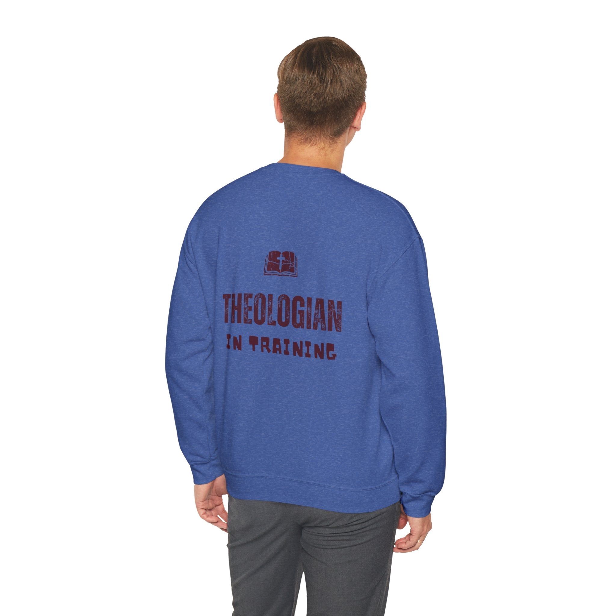 Theologian in Training Sweatshirt – Open Bible & Cross Christian Sweatshirt for Faithful Growth Printify