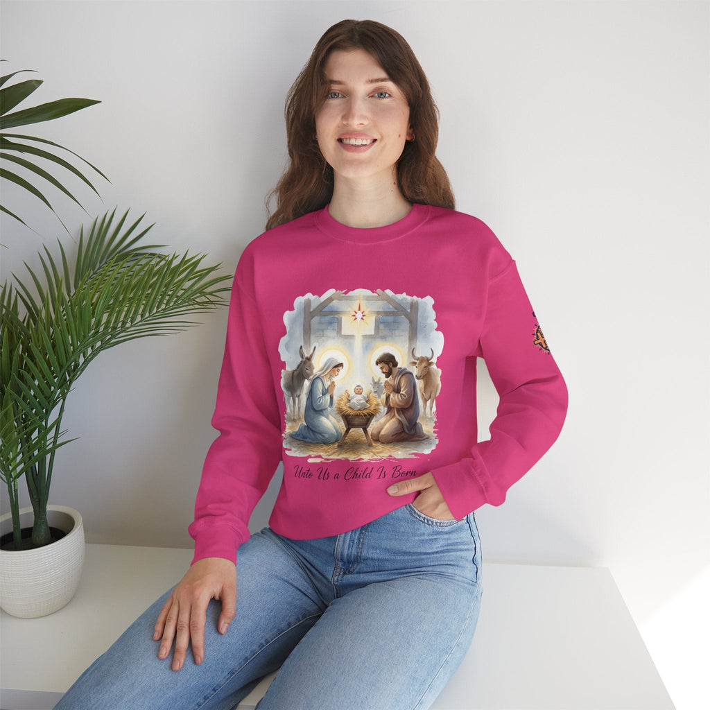 Unto Us a Child is Born Sweatshirt – Isaiah 9:6 Nativity Manger Scene Christian Christmas Sweatshirt for Holy Night Faith Printify