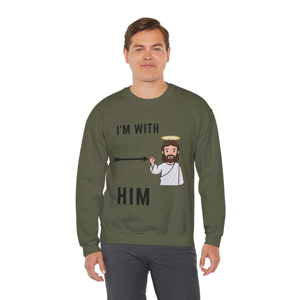 🔥 I’m With Him → Christian Sweatshirt | Arrow Pointing to Jesus | Minimalist Faith Tee | Subtle Cross Design | Bible-Inspired Apparel by Uplifted Gear Printify
