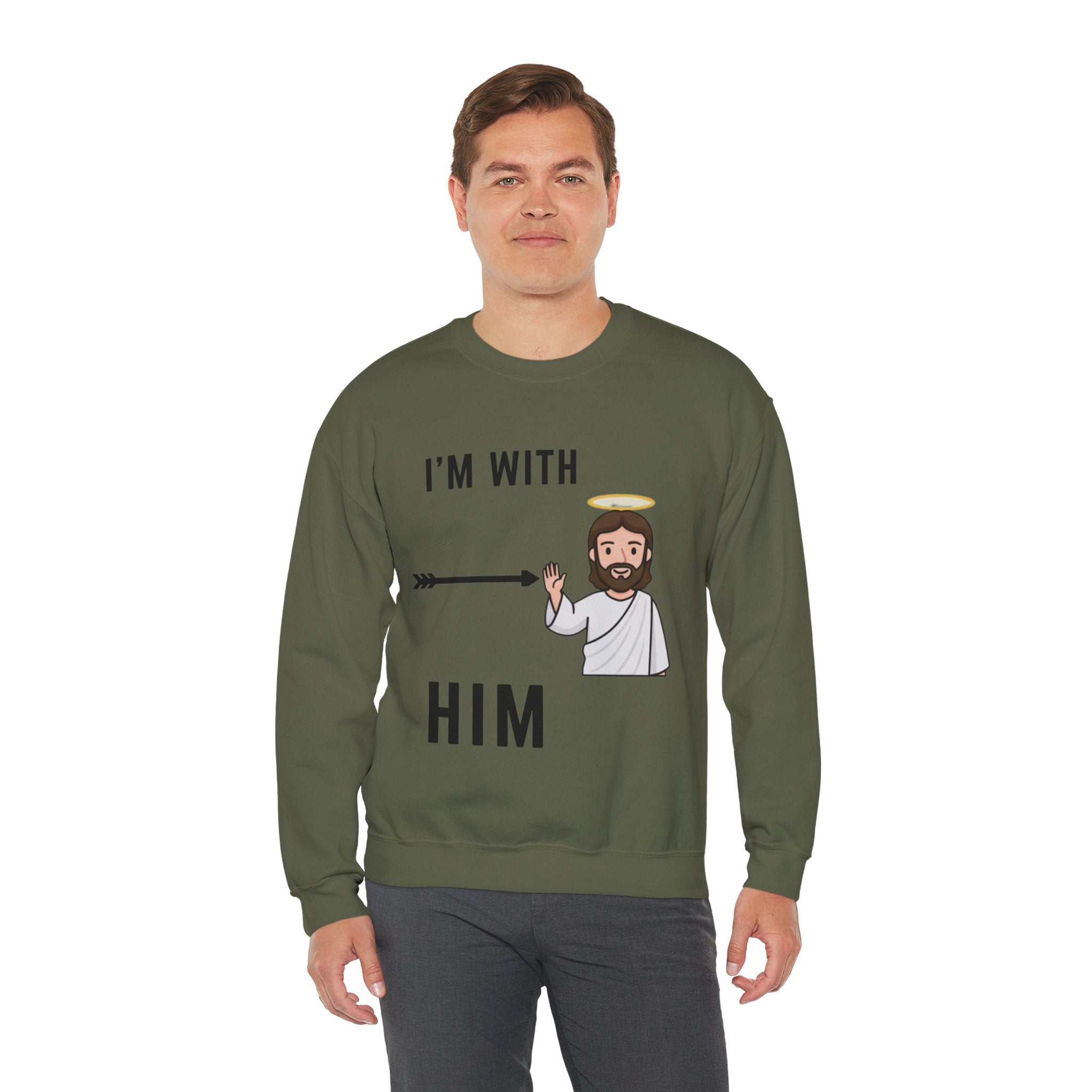 🔥 I’m With Him → Christian Sweatshirt | Arrow Pointing to Jesus | Minimalist Faith Tee | Subtle Cross Design | Bible-Inspired Apparel by Uplifted Gear Printify