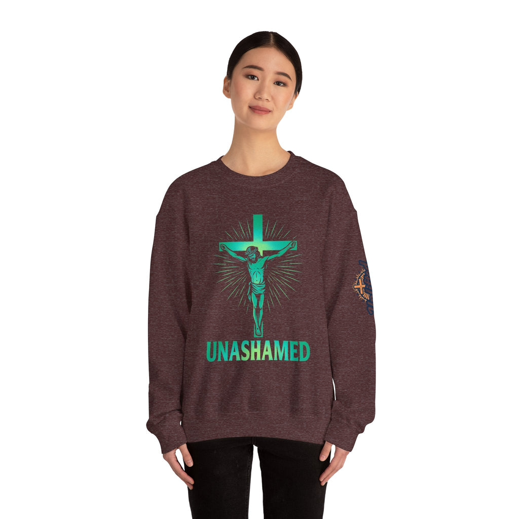 Unashamed Sweatshirt – Romans 1:16 Crucifixion Christian Sweatshirt for Bold Unwavering Faith Printify