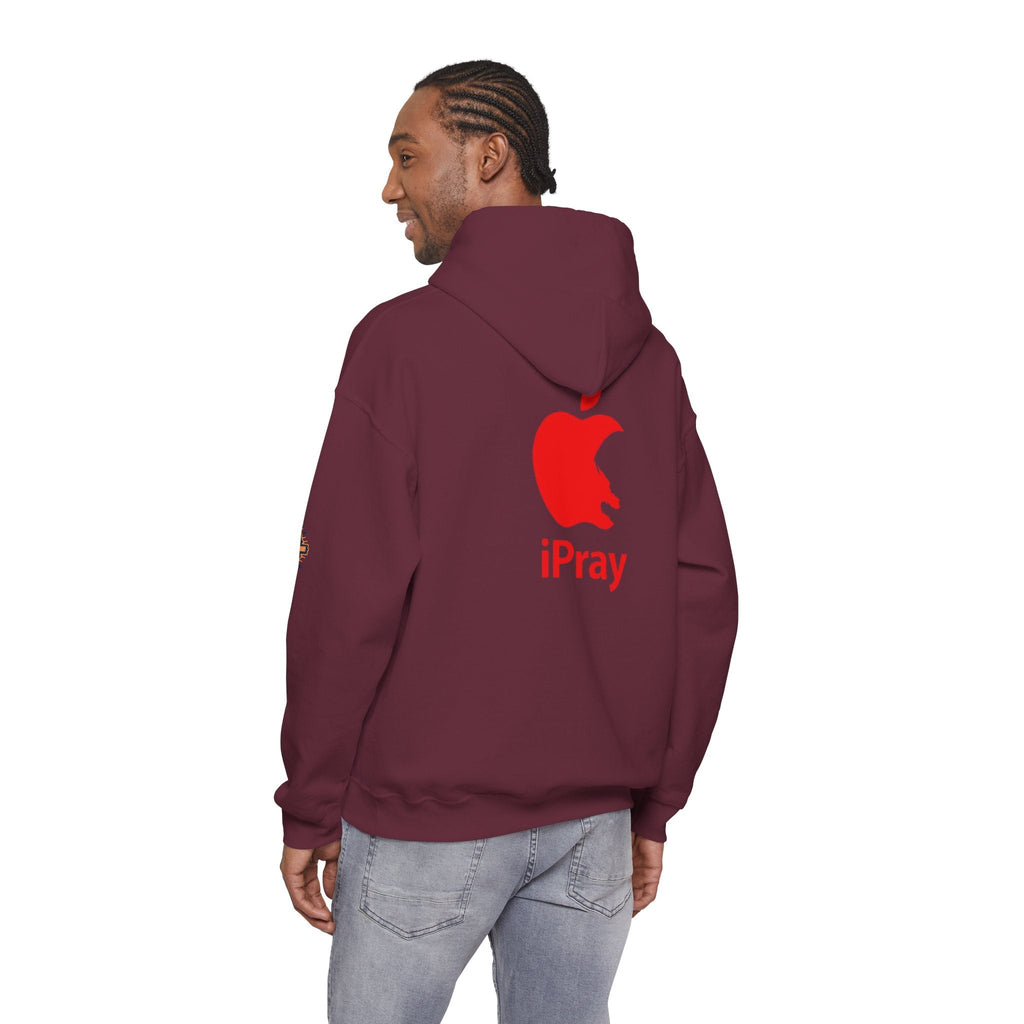 iPray Apple Logo Hoodie — Funny Christian Hoodie (Minimal Red Apple Graphic) Printify