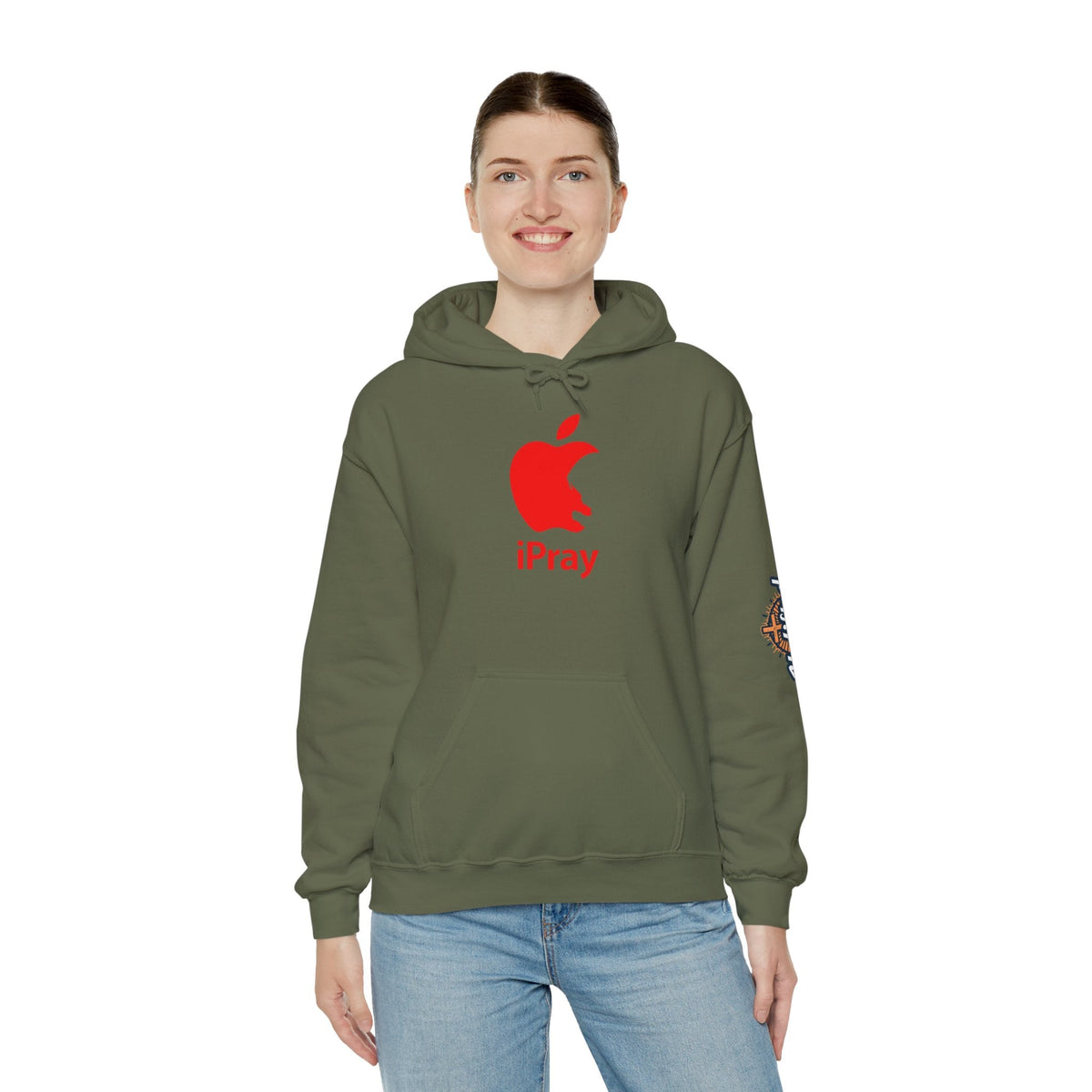 iPray Apple Logo Hoodie — Funny Christian Hoodie (Minimal Red Apple Graphic) Printify