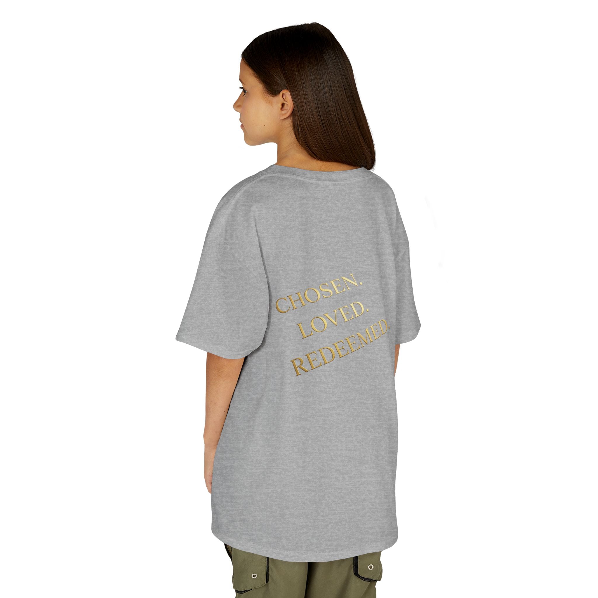✨ Chosen. Loved. Redeemed. – Elegant Christian Kids T-Shirt | Gold Foil Faith Tee | Subtle Cross & Heart Design | Inspirational Bible Verse Apparel by Uplifted Gear Printify