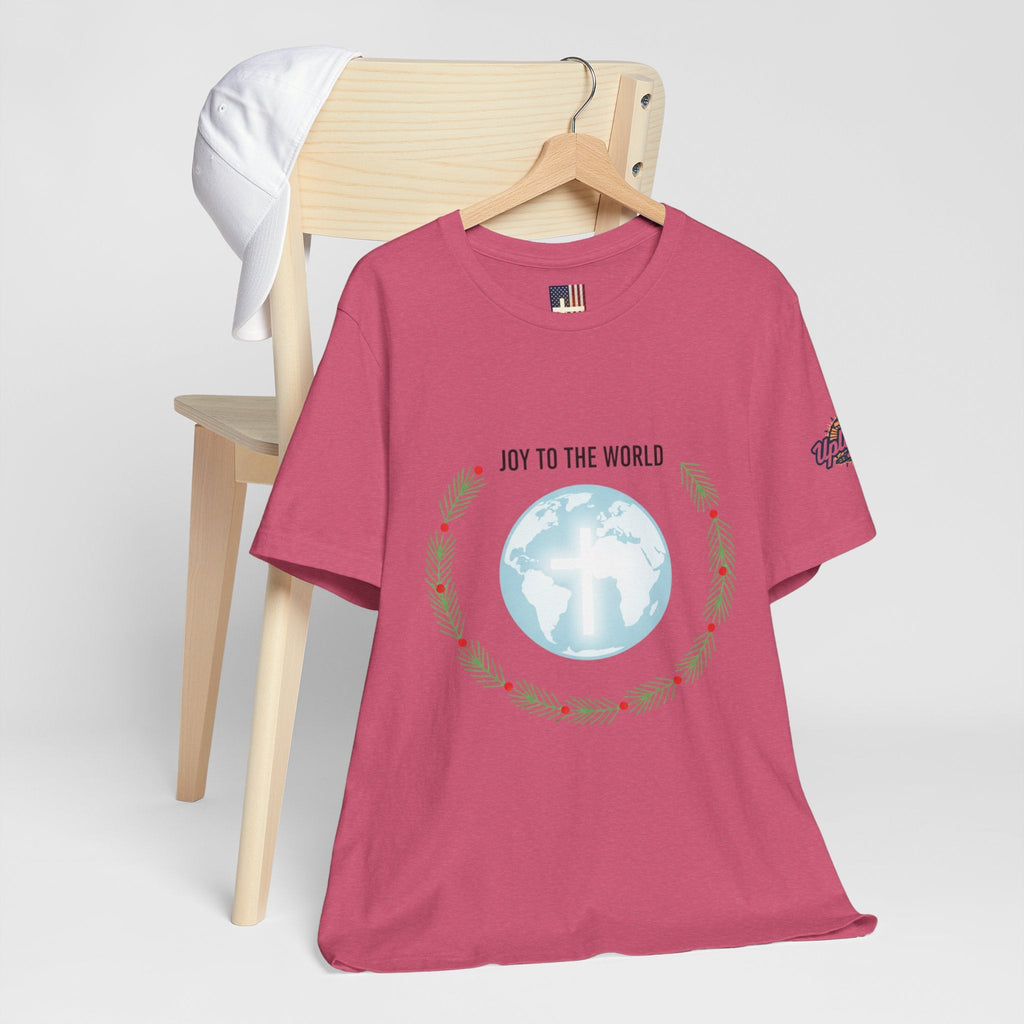 Joy to the World T-shirt – Wreath Earth Nativity Christian Christmas T-shirt for Isaiah 9:6 Holiday Faith & Festive Joy Printify