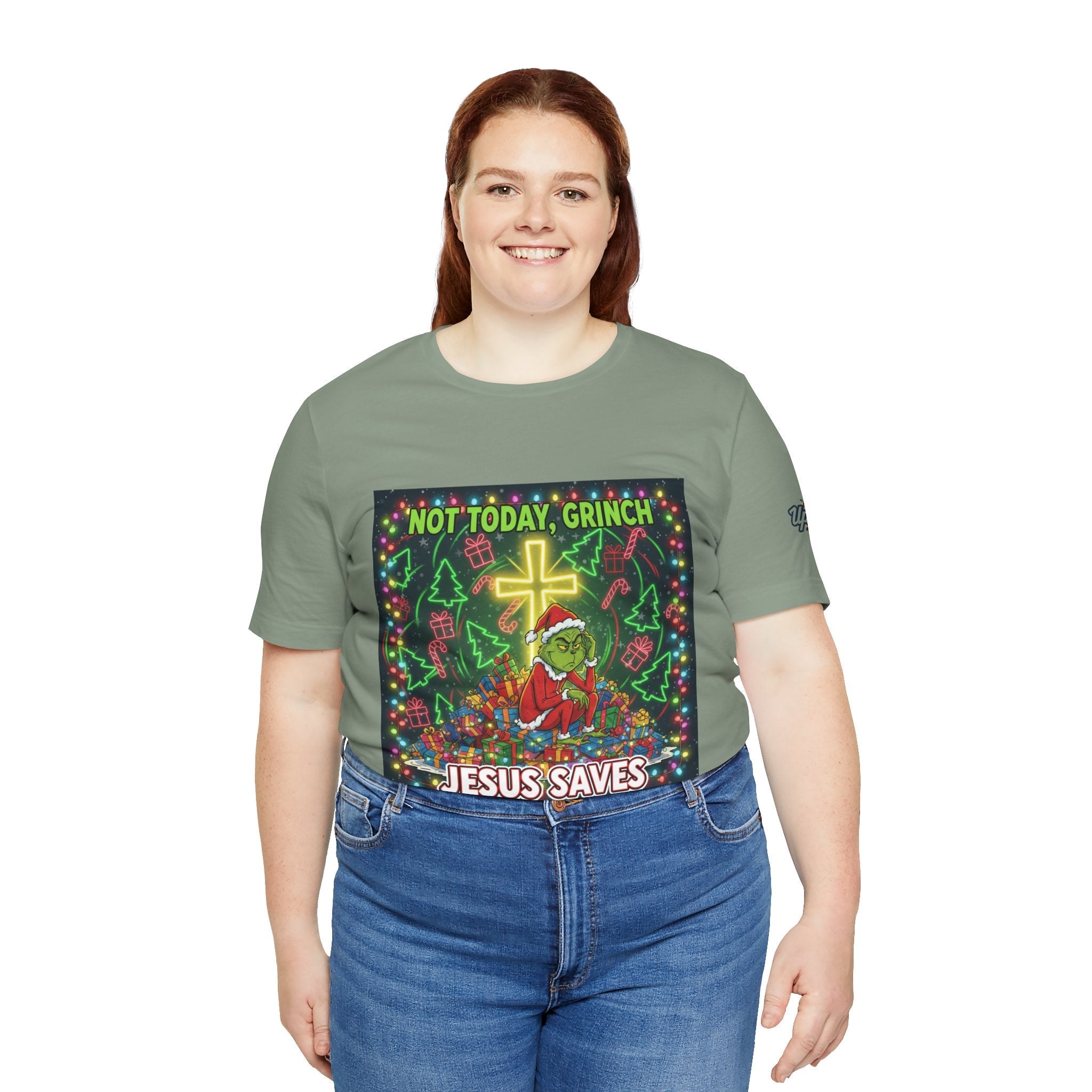 🎄 Not Today, Grinch – Jesus Saves | Funny Christian Christmas T-Shirt | Festive Green & Red Cartoon Style | Bold Faith Holiday Tee by Uplifted Gear Printify