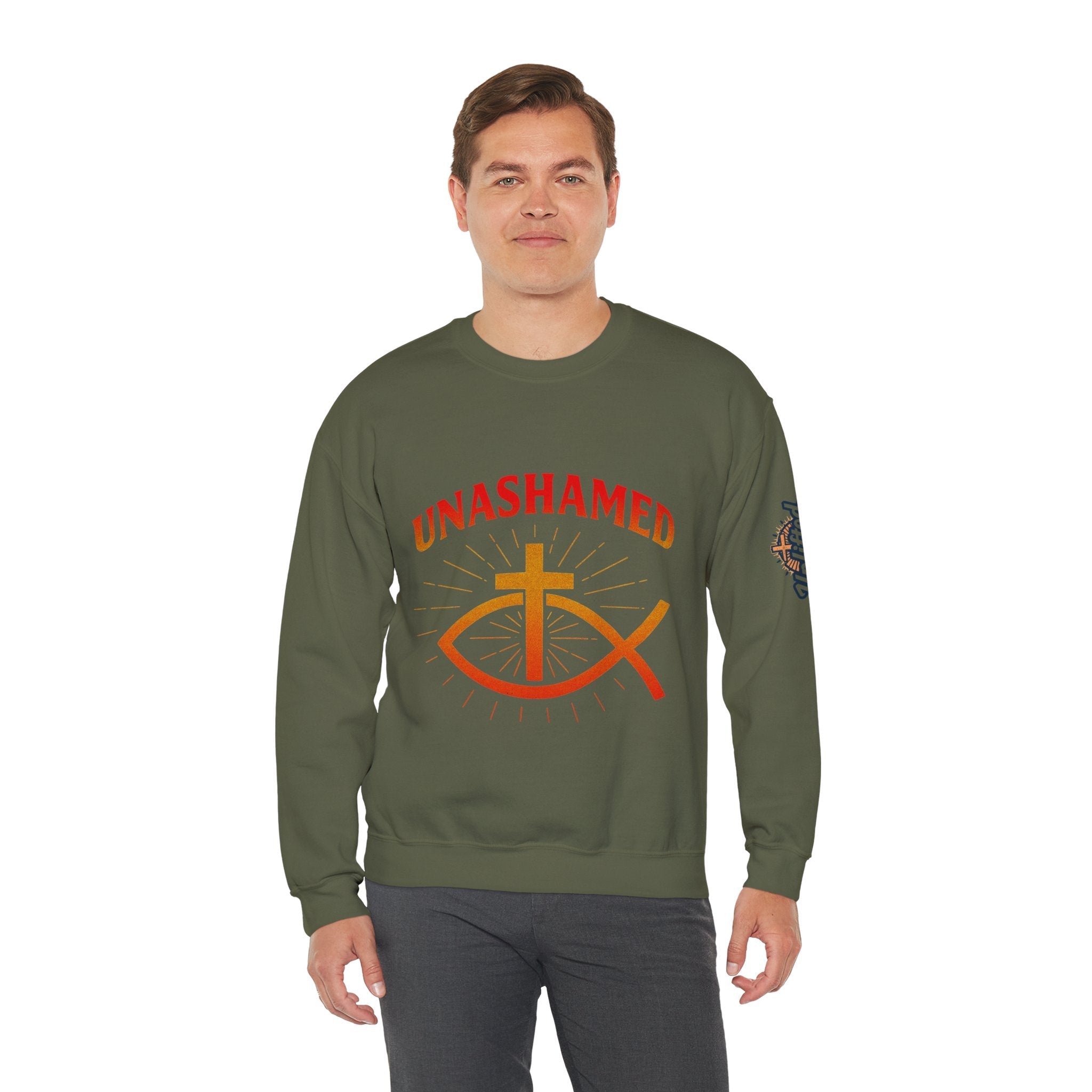 Unashamed Sweatshirt – Ichthys Jesus Fish & Cross Christian Sweatshirt for Romans 1:16 Bold Faith Printify