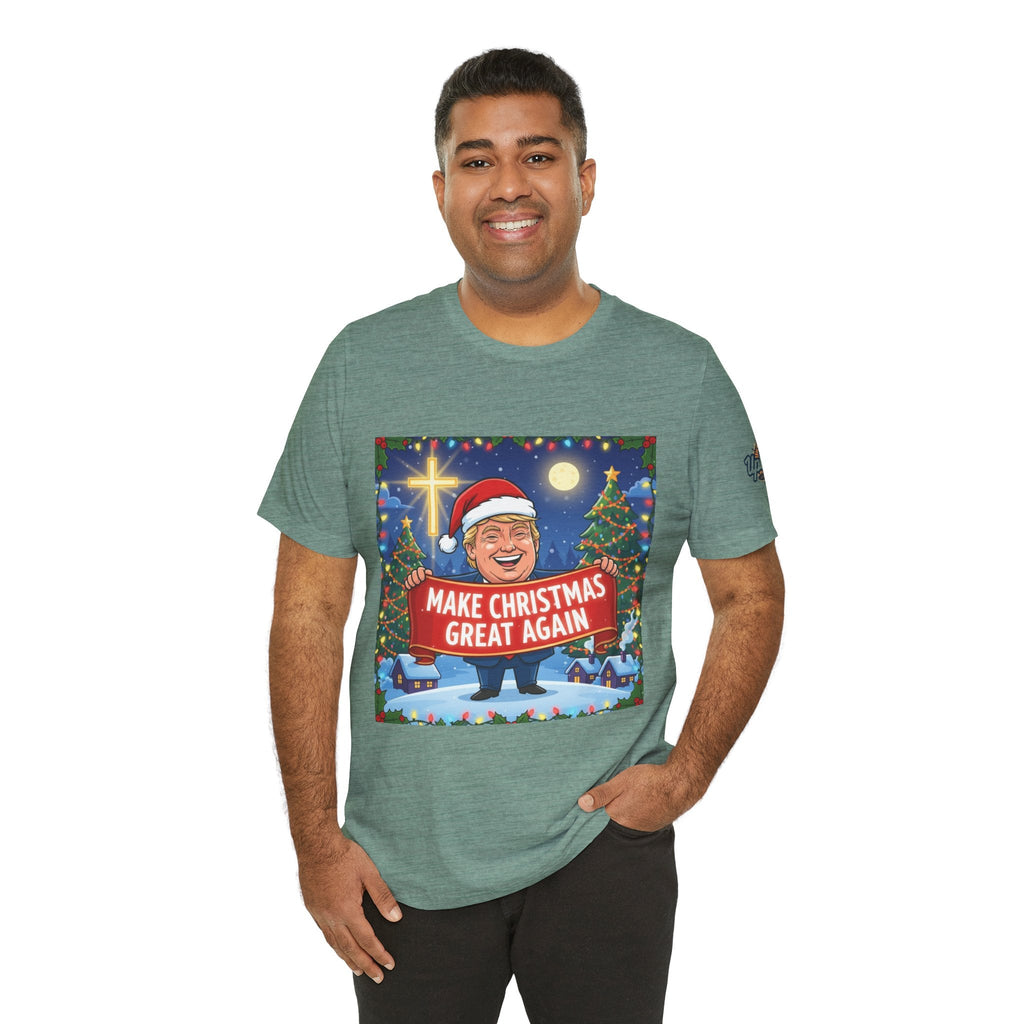 🎄 Make Christmas Great Again – Patriotic Christian Christmas T-Shirt | Bold Holiday Faith Tee | Red & White Banner Design | Uplifted Gear Printify