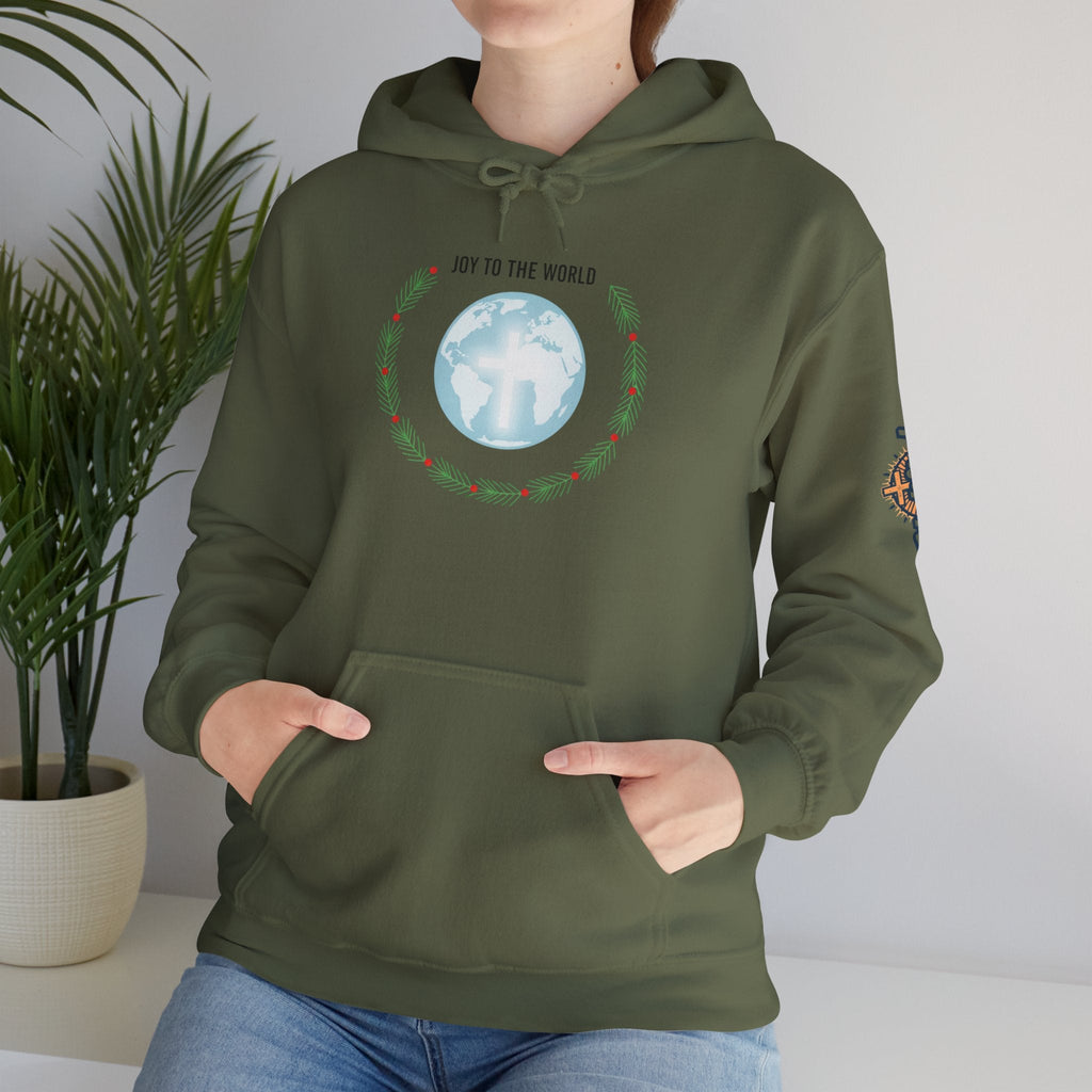 Joy to the World Hoodie – Wreath Earth Nativity Christian Christmas Sweatshirt for Isaiah 9:6 Holiday Faith & Festive Joy Printify
