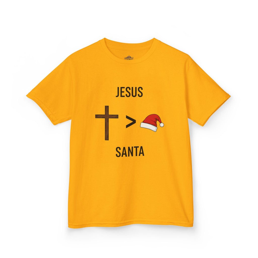 🎄 Jesus > Santa – Minimalist Christian Christmas Kids T-Shirt | Bold Faith Over Holiday Tee | Cross vs Santa Hat Design | Uplifted Gear Printify