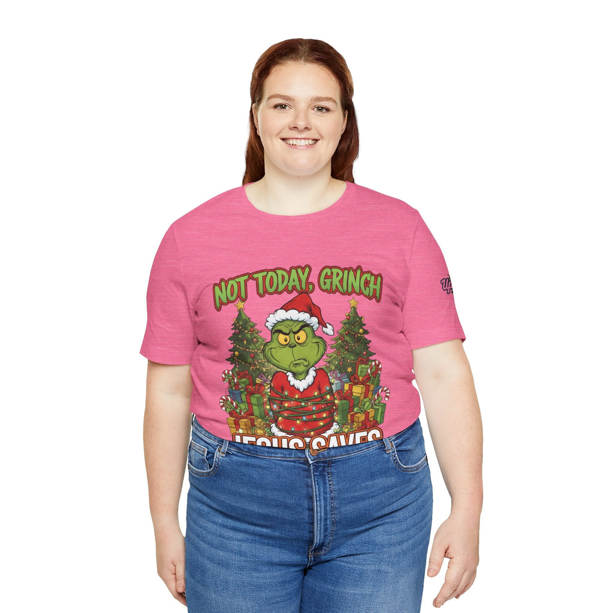 🎄 Not Today, Grinch – Jesus Saves | Funny Christian Christmas T-Shirt | Sulking Grinch & Glowing Cross | Bold Neon Faith Tee by Uplifted Gear Printify
