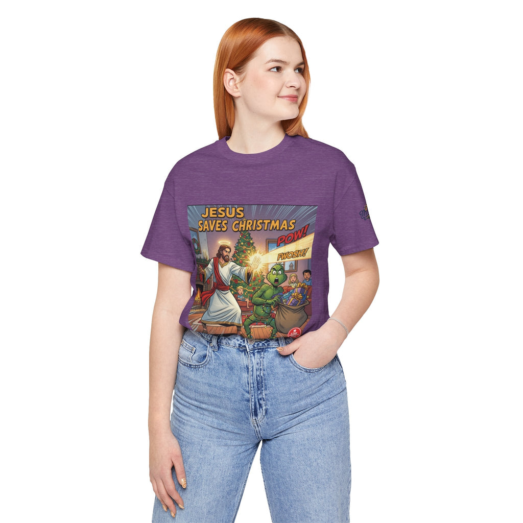 Jesus Saves Christmas T-shirt – Grinch vs Savior Light Battle Christian T-shirt for Hilarious Holiday Faith & True Joy Printify