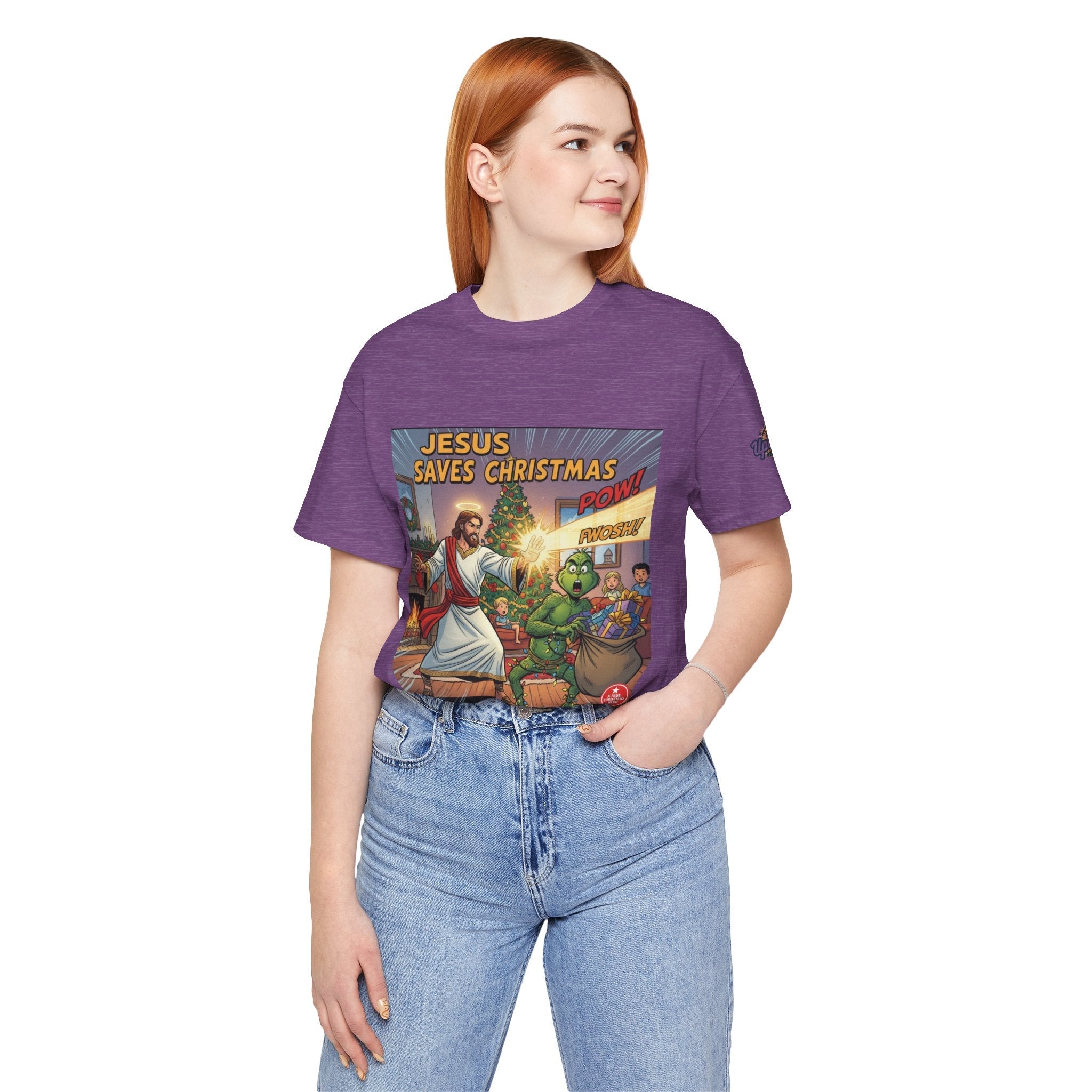 Jesus Saves Christmas T-shirt – Grinch vs Savior Light Battle Christian T-shirt for Hilarious Holiday Faith & True Joy Printify