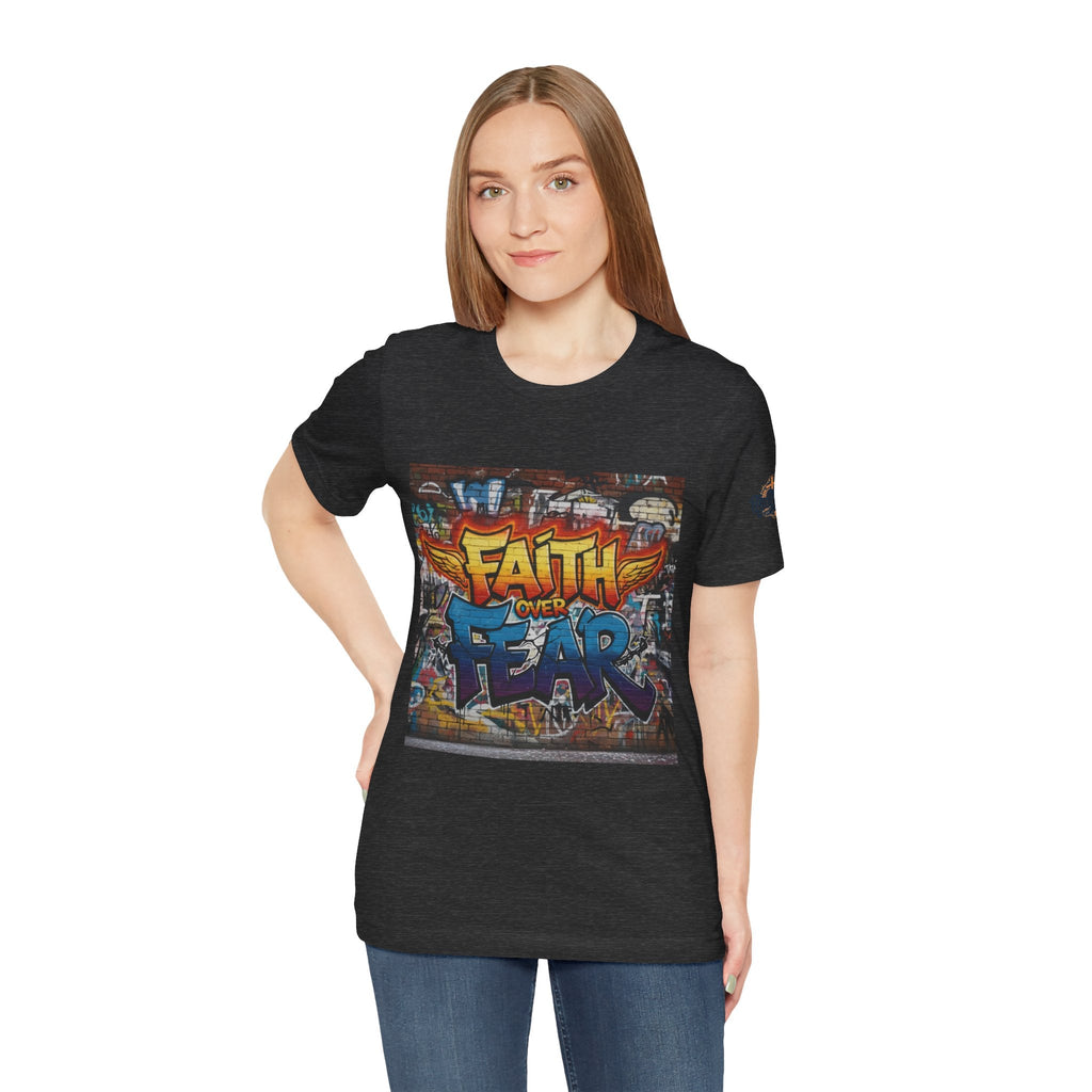 Faith Over Fear T-shirt – Graffiti Wall Christian T-shirt for Bold 2 Corinthians 5:7 Streetwear & Unshakable Faith Printify